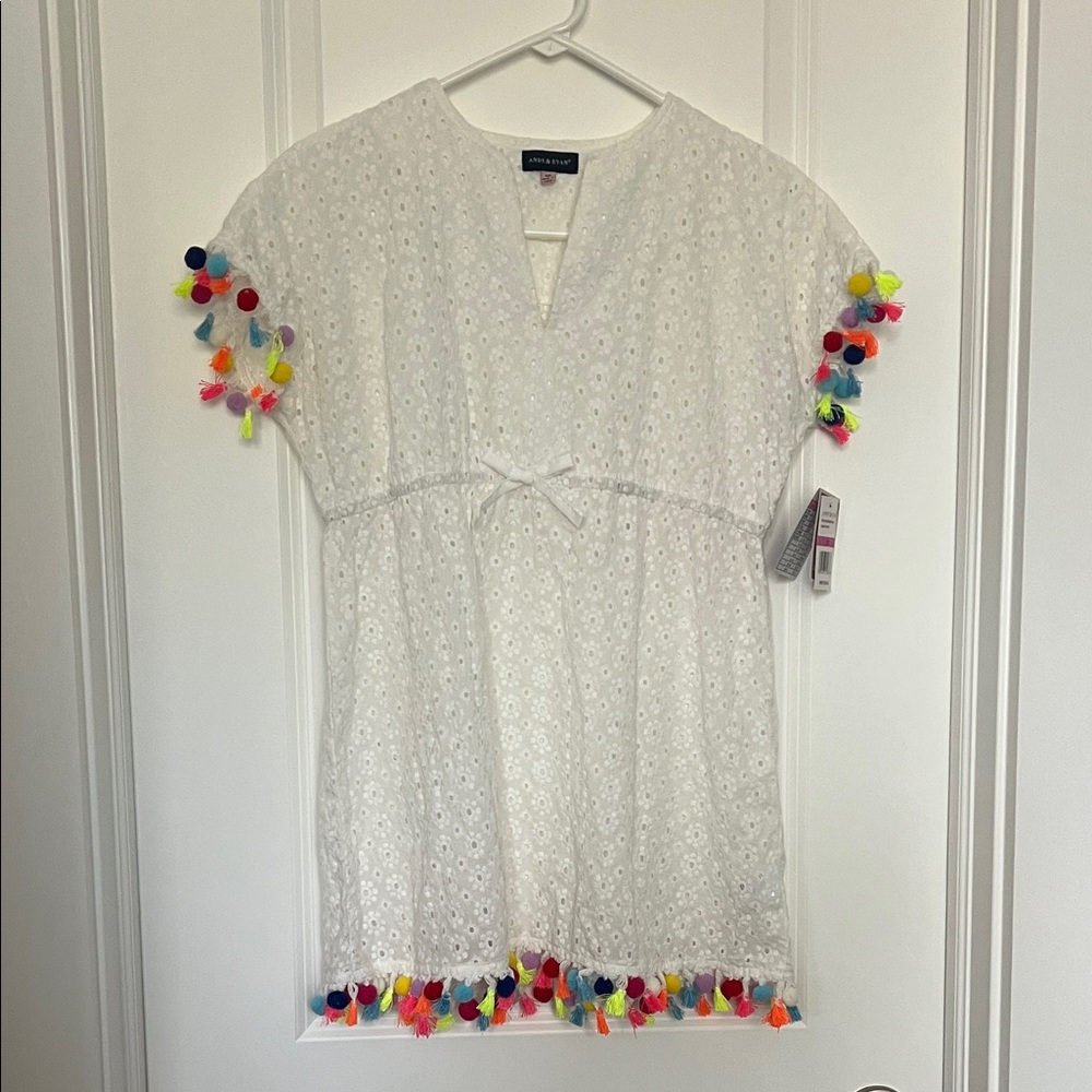 Andy & Evan White Coverup with Colorful Pom-Poms
